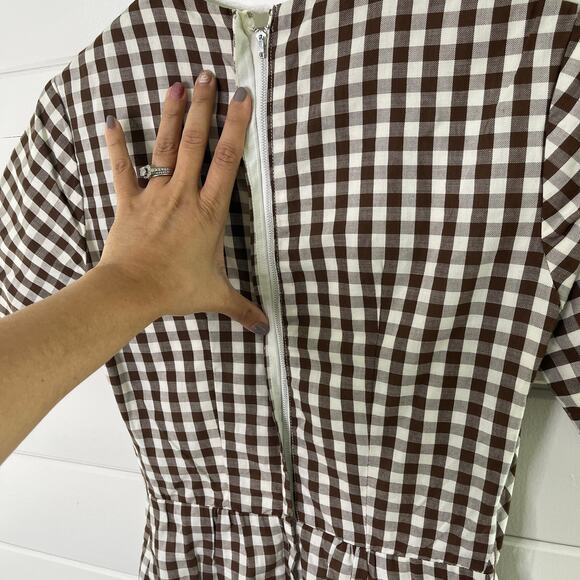 Vintage 60s Gingham Sheath Dress Short Sleeve Brown White Womens Handmade 4 - Picture 8 of 12